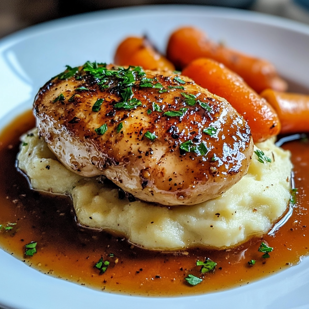 GARLIC HERB CHICKEN WITH MASHED POTATOES AND GLAZED CARROTS
