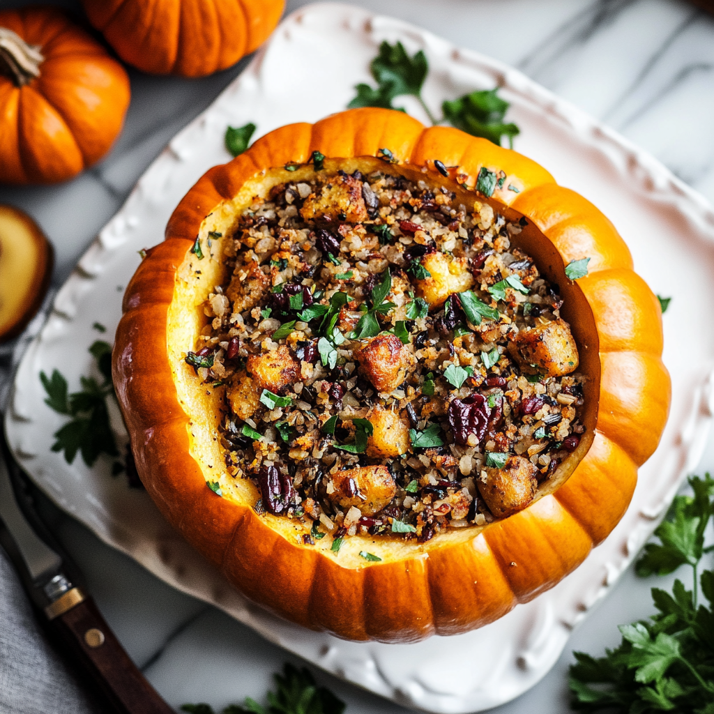 Pumpkin Stuffed with Wild Rice and Sausage