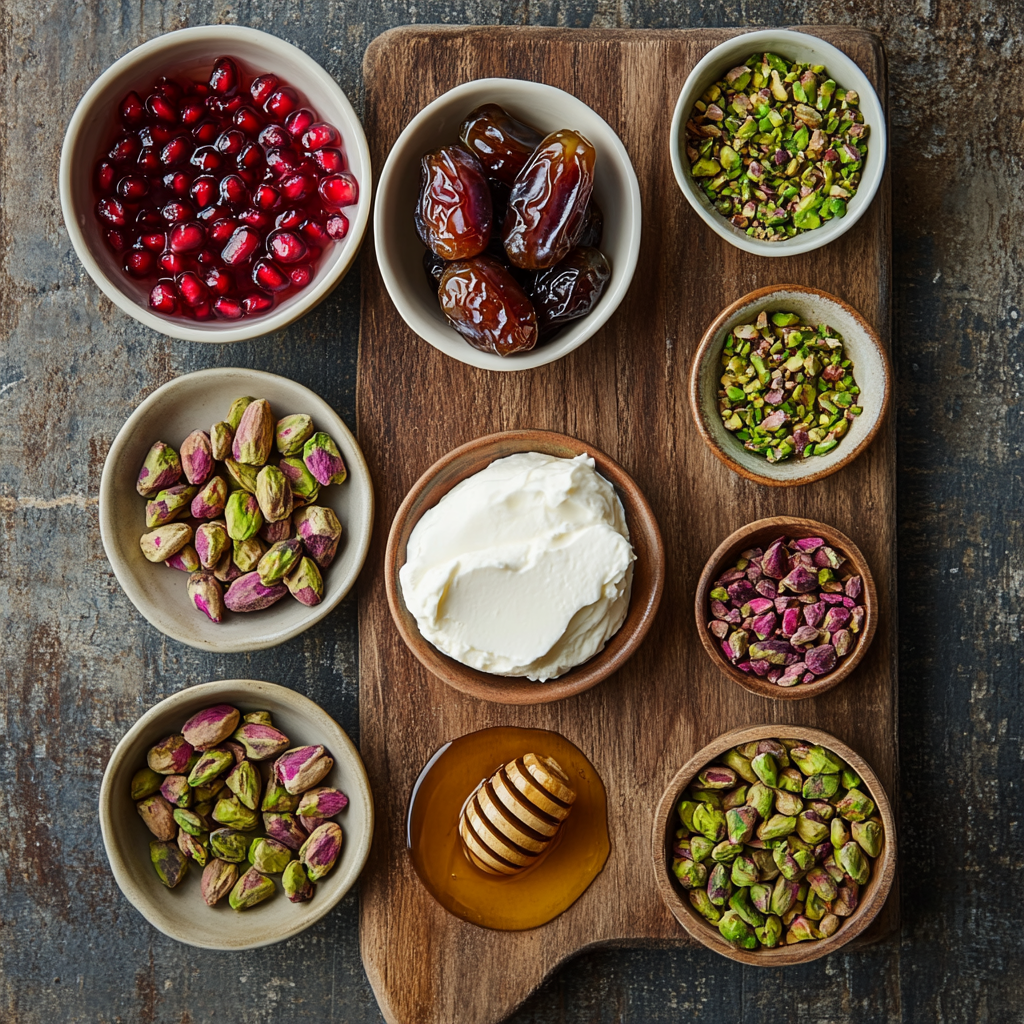 Mascarpone Stuffed Dates with Pomegranate and Honey ingredients