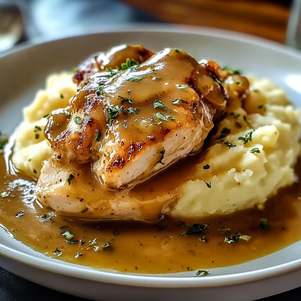 Chicken and Garlic Gravy with Cheesy Mashed Potatoes