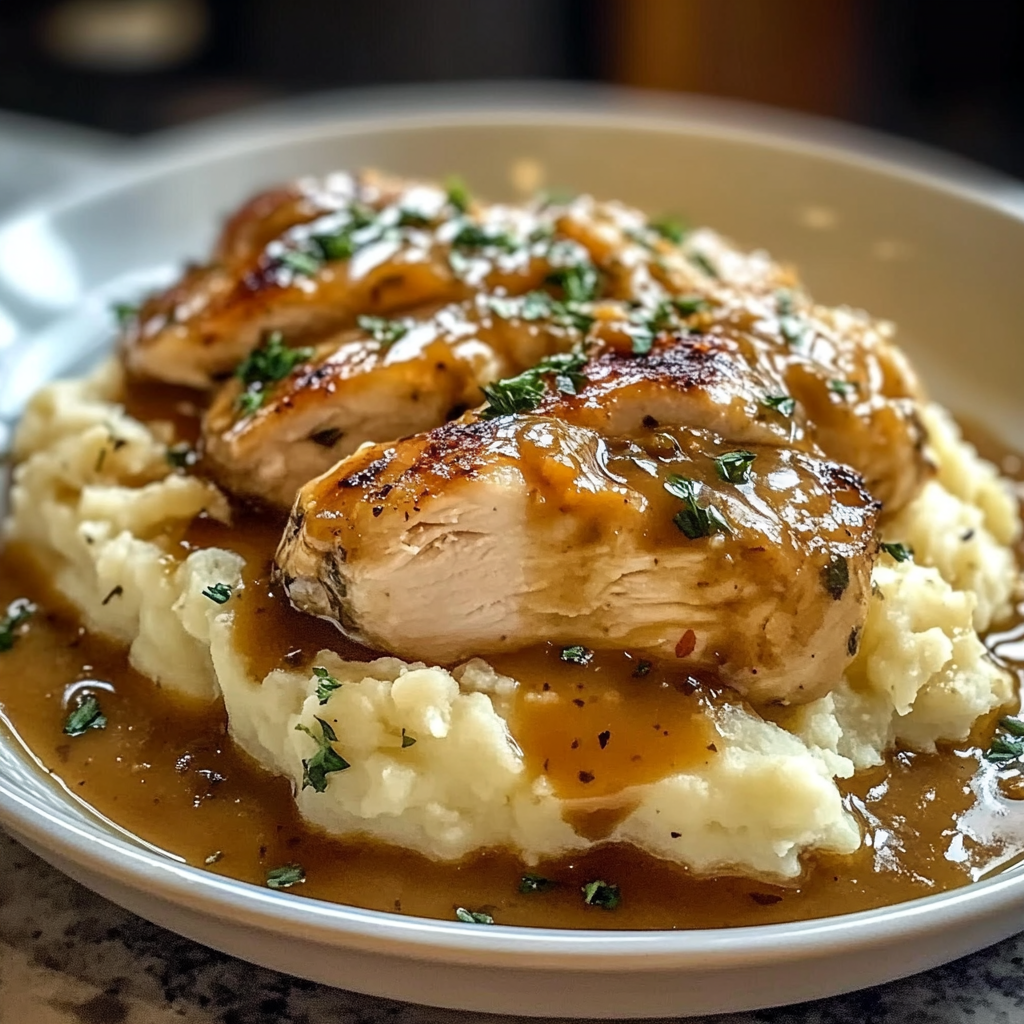 Chicken and Garlic Gravy with Cheesy Mashed Potatoes