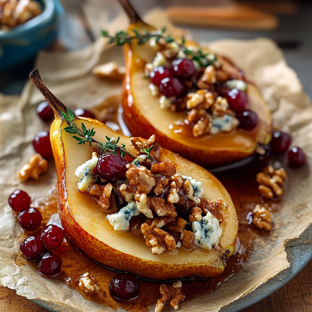 Pears with Blue Cheese, Cranberries, and Walnuts