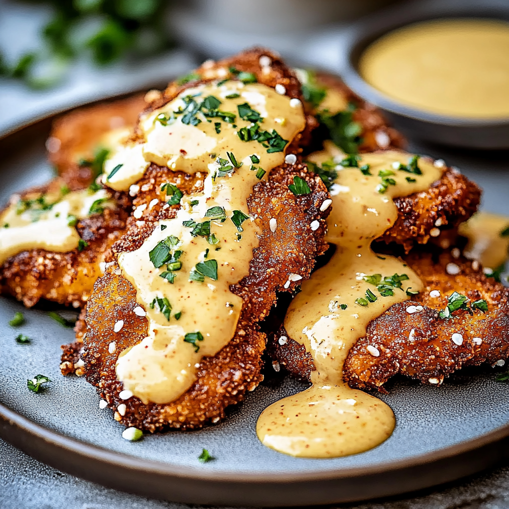 Crunchy Pretzel Chicken with Mustard-Cheddar Sauce