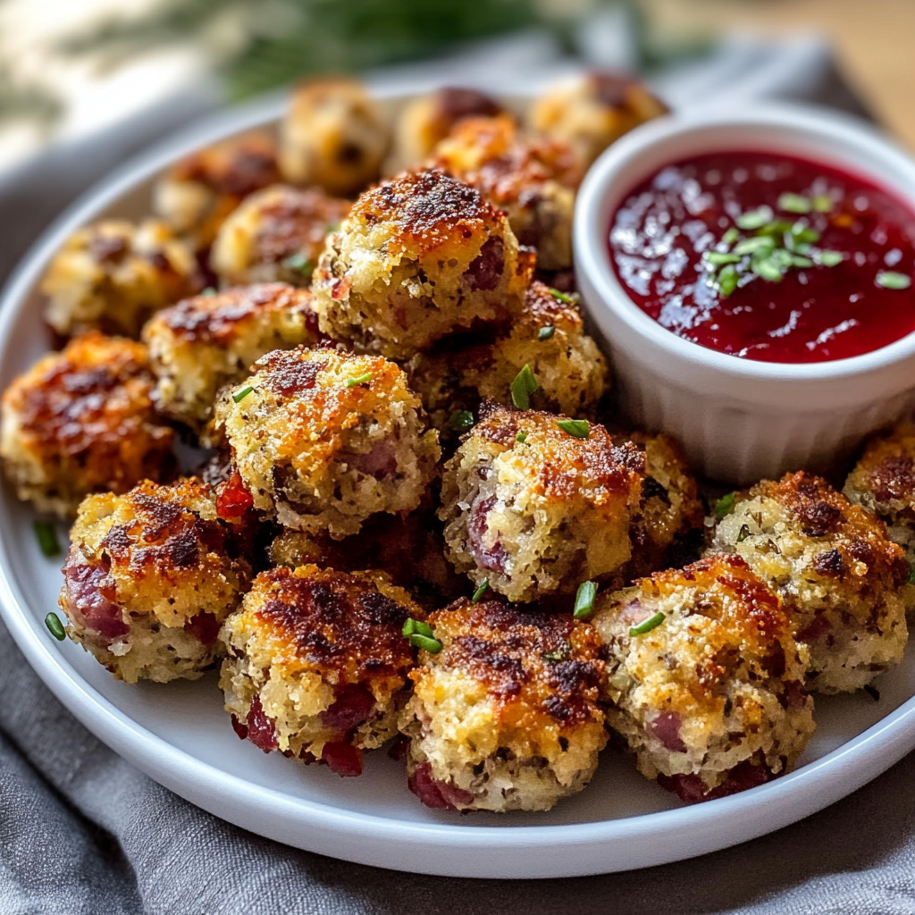 Beef Sausage Stuffing Bites & Cranberry Dip