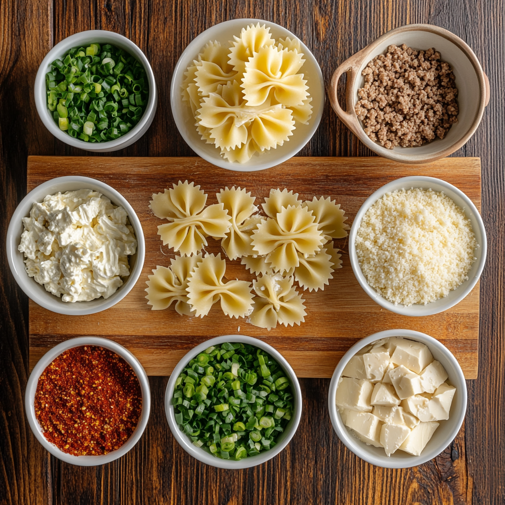 Cajun Cream Cheese Alfredo Bowties with Spiced Ground Beef ingredients