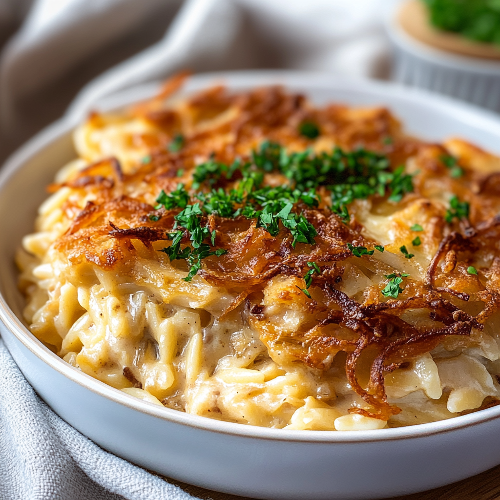 French Onion Chicken Orzo Casserole