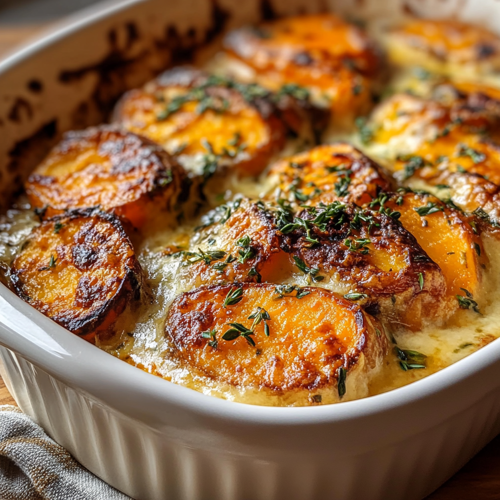 Garlic Scalloped Sweet Potatoes