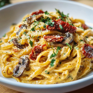 Sun Dried Tomato Mushroom Pasta in Garlic Basil Cream Sauce 1