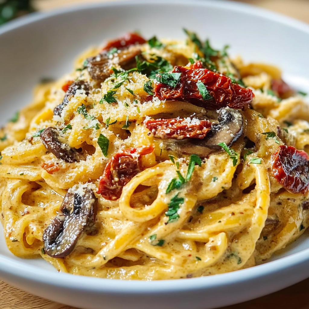 Sun Dried Tomato Mushroom Pasta in Garlic Basil Cream Sauce 1
