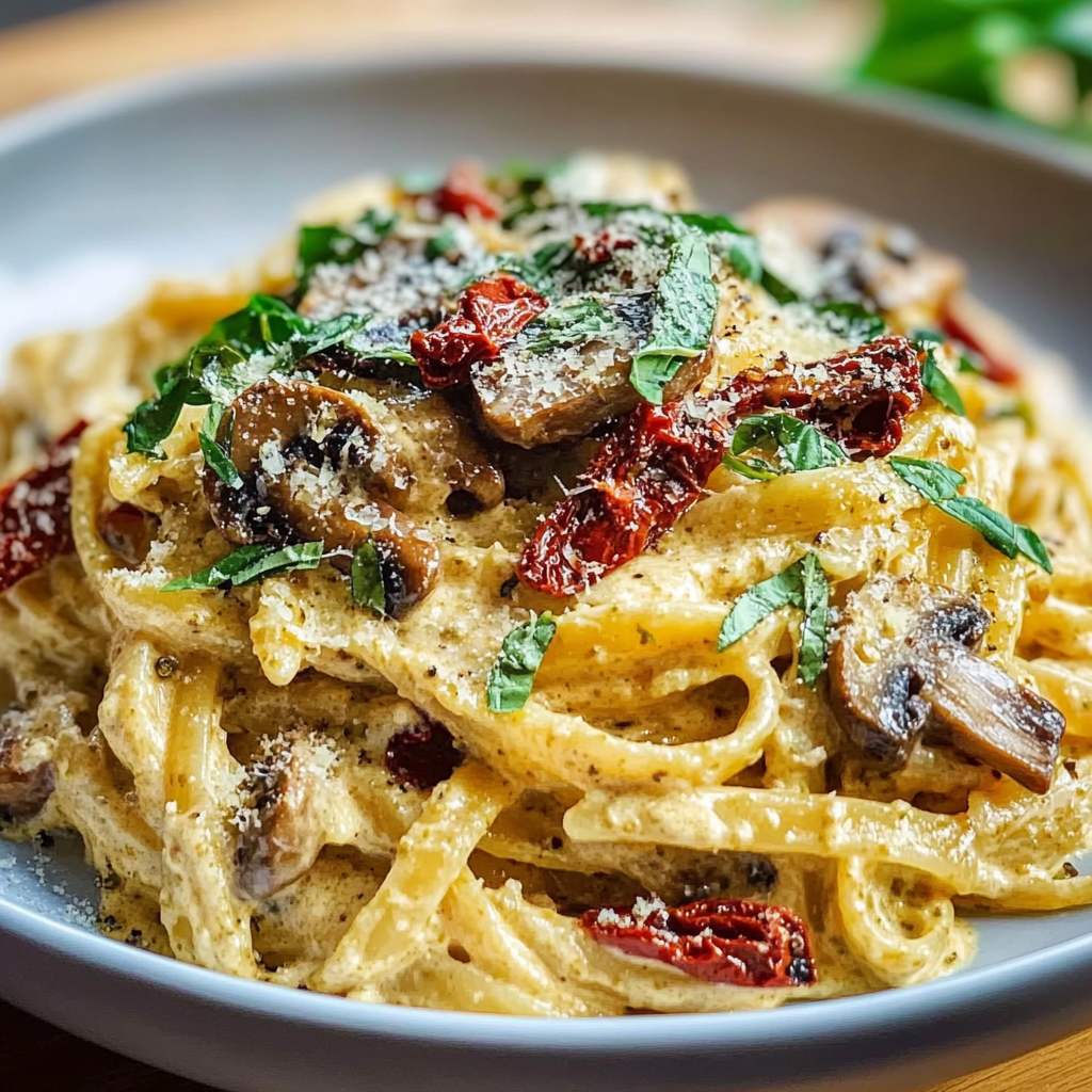 Sun-Dried Tomato & Mushroom Pasta in Garlic Basil Cream Sauce