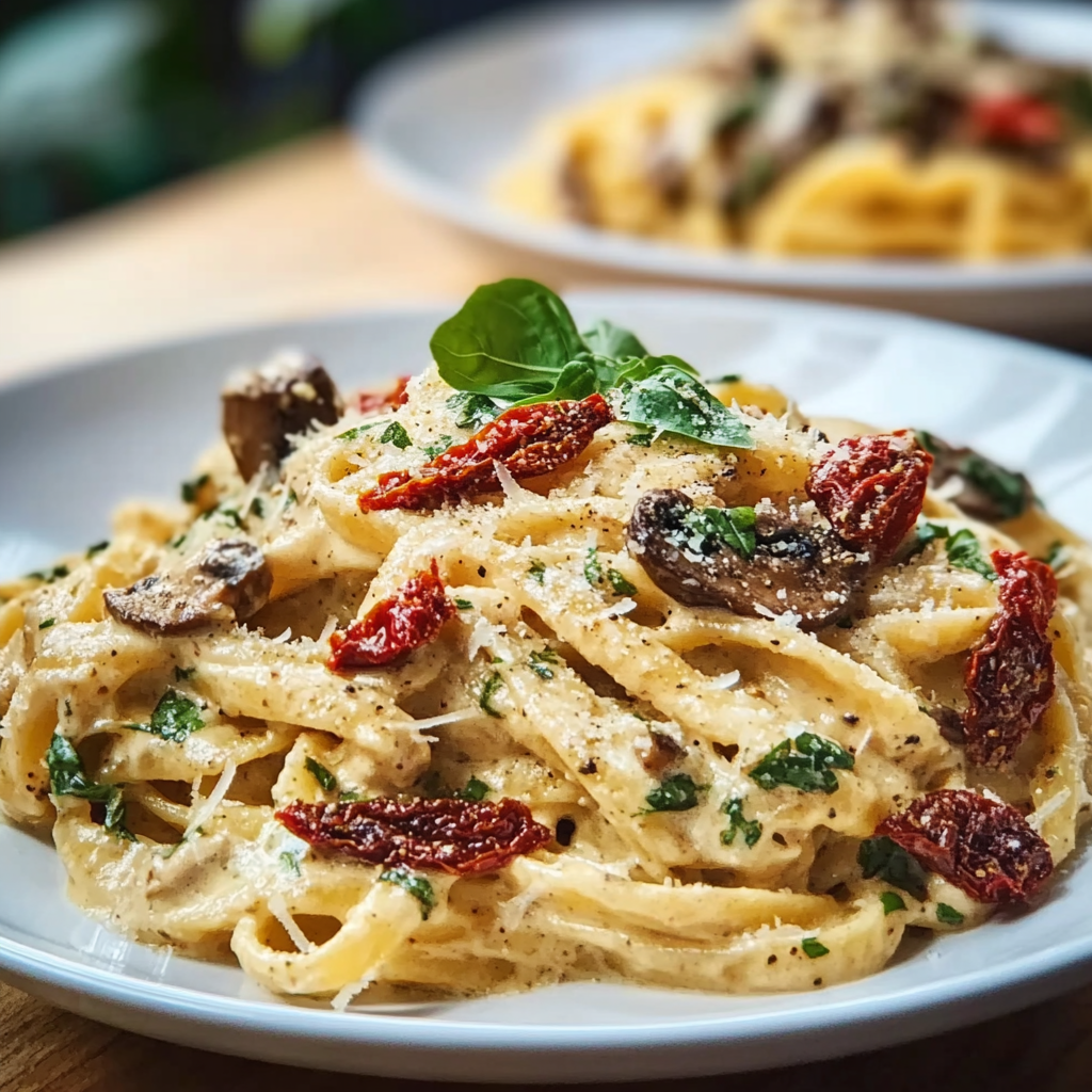 Sun-Dried Tomato & Mushroom Pasta in Garlic Basil Cream Sauce