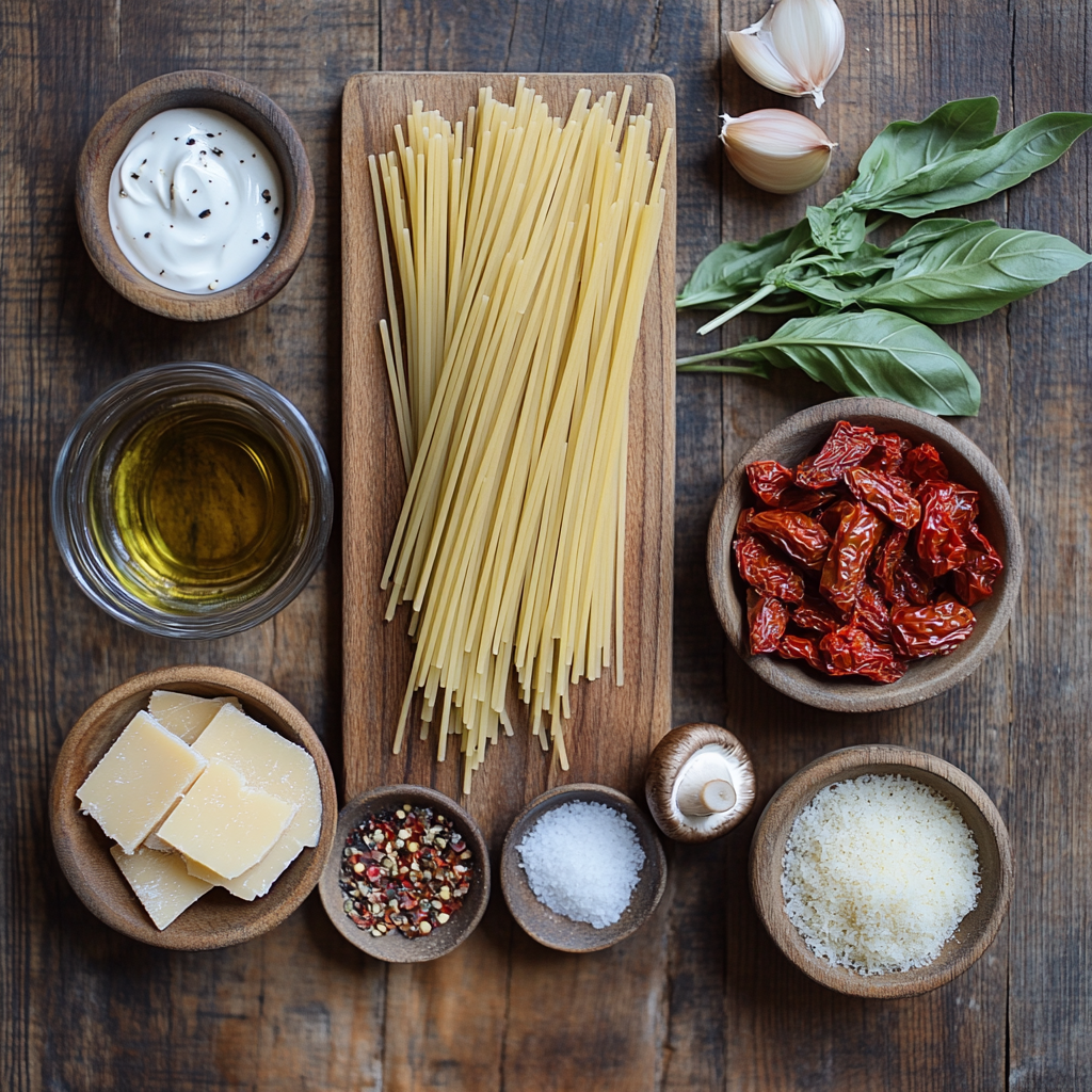 Sun-Dried Tomato & Mushroom Pasta in Garlic Basil Cream Sauce ingredients