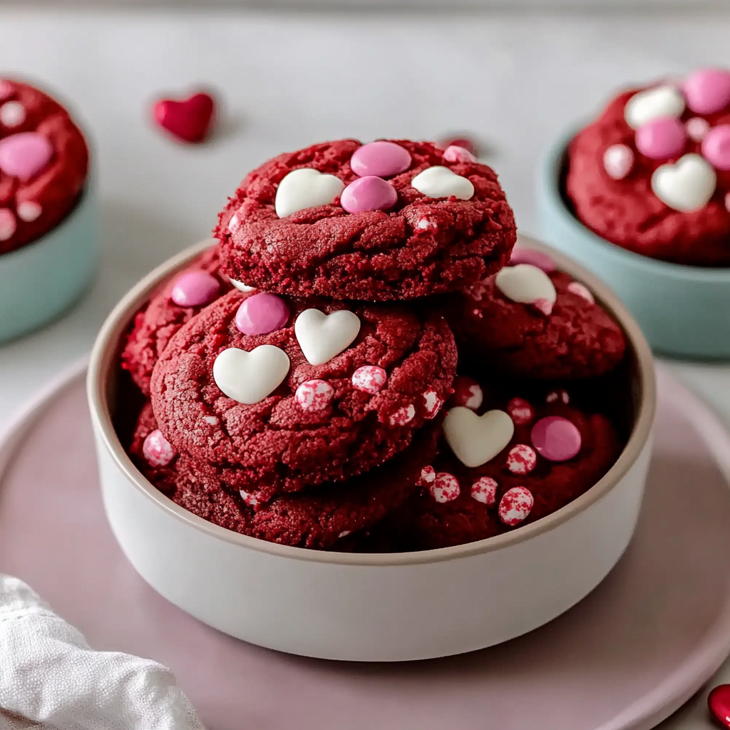 Valentine’s Red Velvet M&M Cookies